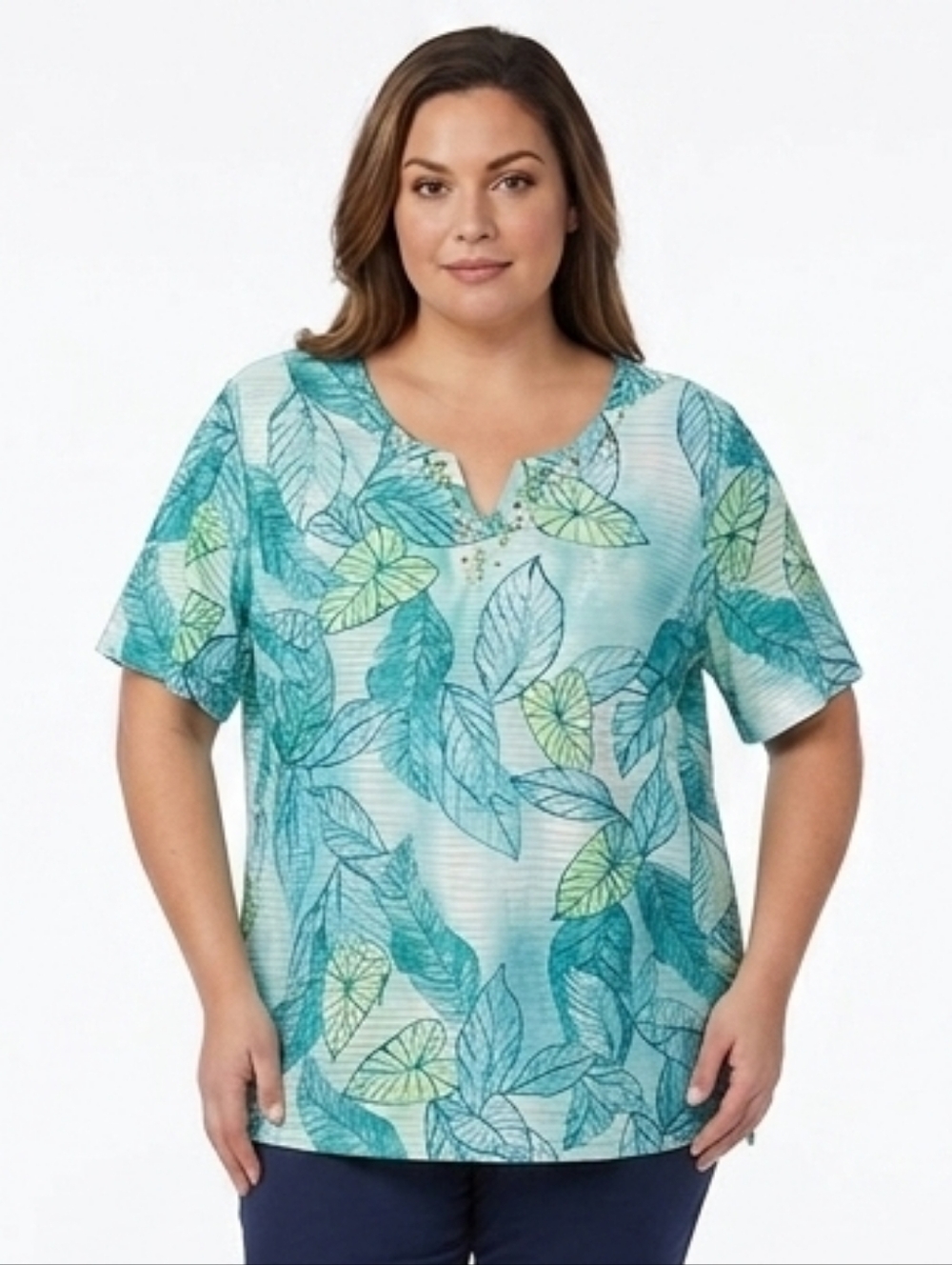 NWT Alfred Dunner Tropical Leaf Print Studded V-Neck Top